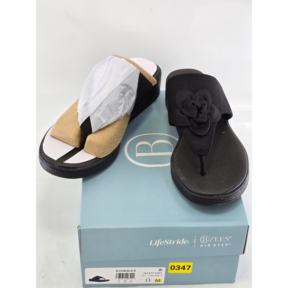 LifeStride Bzees Bloom Women 11 Black Wedge Thong Sandal Floral Comfort - New